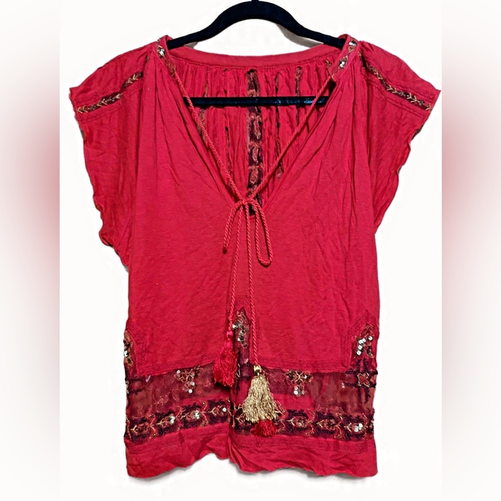 Free People Red Tassel V-Neck Boho Tunic, S